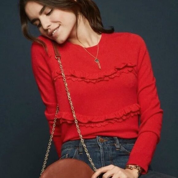 EUC Sezane Andreas Jumper Wool Cashmere Ruffle Sweater Tomato Red Medium - Picture 1 of 9